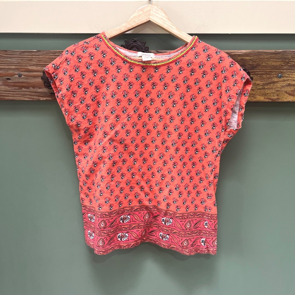Sundance Womens Coral Floral Paisley Cotton Knit Top Short Sleeve Size M